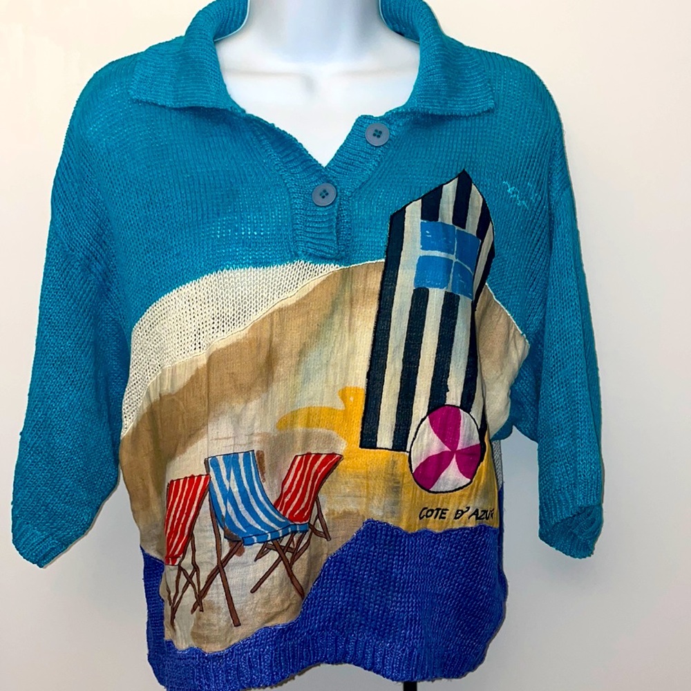 Carole Little for Saint-Tropez West Vintage Ramie Linen polo knit top Small